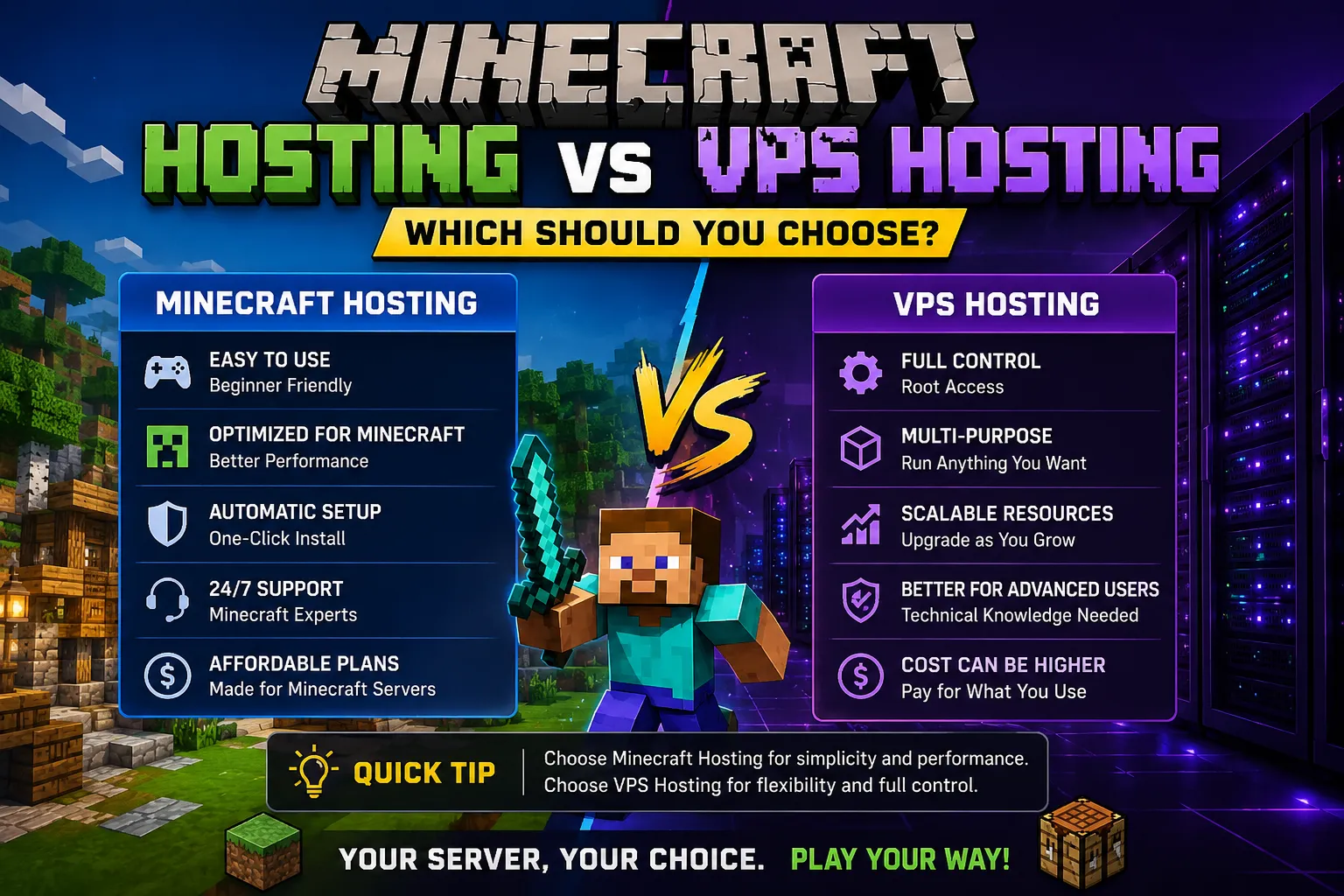 Comparison chart showing Minecraft hosting versus VPS hosting features, pricing, and performance for global server owners