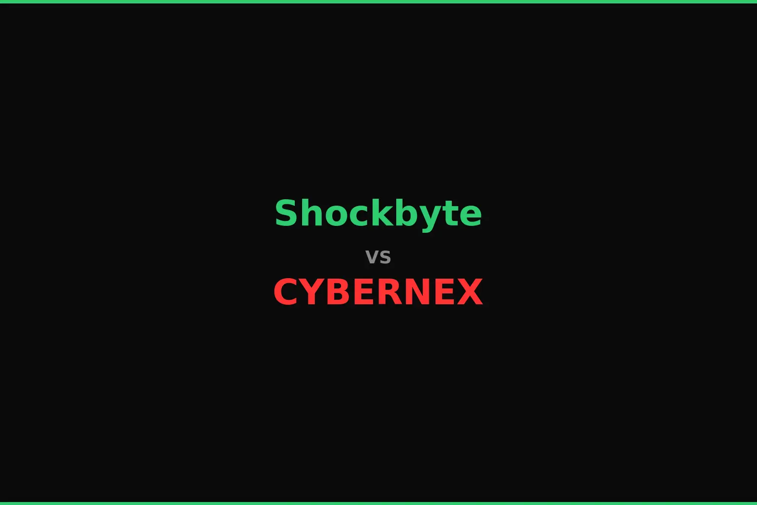 Shockbyte vs CyberNex comparison chart showing game server hosting features, pricing, and performance ratings for 2026